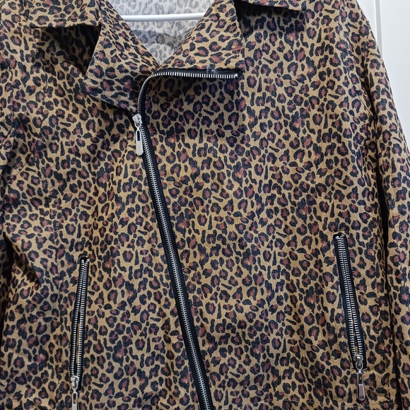 Domino Dollhouse Denim Leopard Print Moto Jacket - Brown/Black - Picture 2 of 9